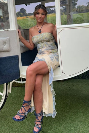 Light Green Mesh Print Strapless Slim-Fit Dress for Women