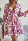 Lace-Up Elegant Long-Sleeve Dress with Nature-Inspired Wooden Ear Details