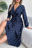 Chic Crossed V-Neck Pleated Dress with Contrasting Polka Dots