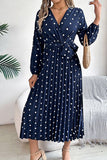 Chic Crossed V-Neck Pleated Dress with Contrasting Polka Dots