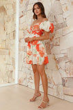 Chic Printed V-Neck Skirt with Elegant Puffy Sleeves