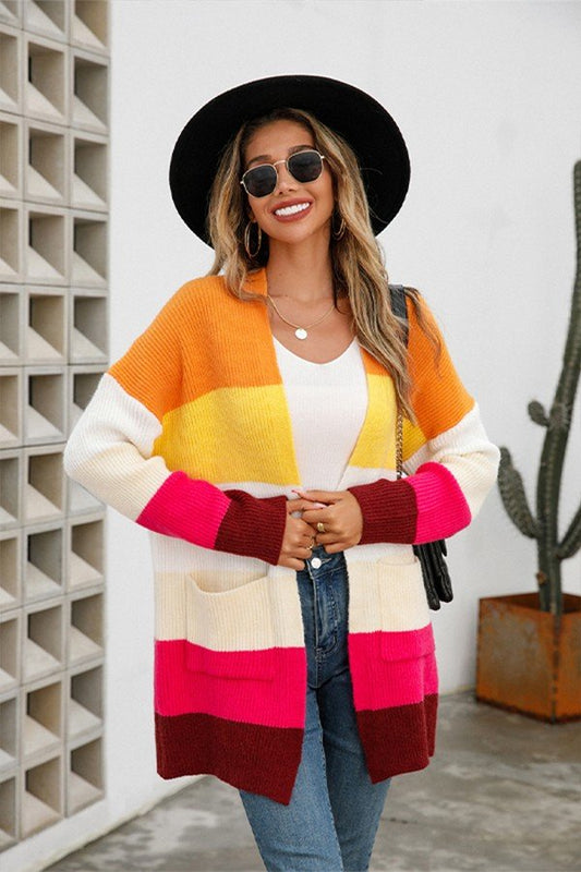 Chic V-Neck Long Sleeve Cardigan Sweater in Vibrant Orange