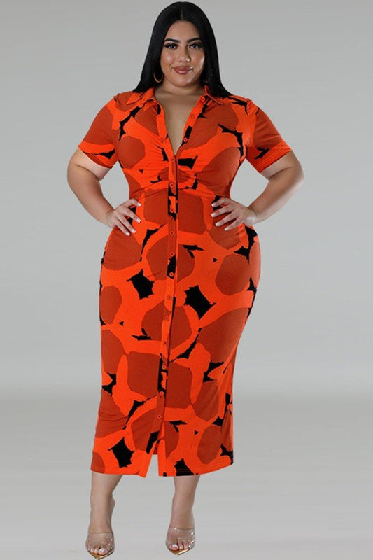 Vibrant Orange Red Short Sleeve Button-Up Cardigan Dress
