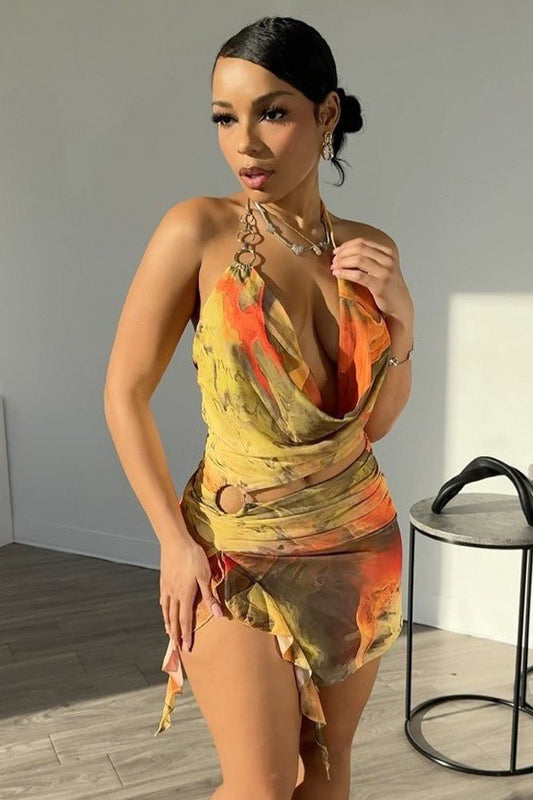 Chic Cutout Halter Lace Mini Dress with Bold Print