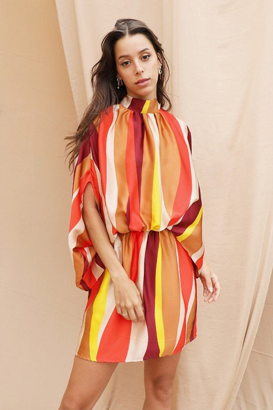 Chic Striped Lace-Up Batwing Dress with Curvy Hip Accent