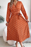 Chic Crossed V-Neck Pleated Dress with Contrasting Polka Dots