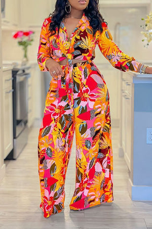 Chic Printed Two-Piece Lace-Up Shirt and Wide-Leg Pants Ensemble