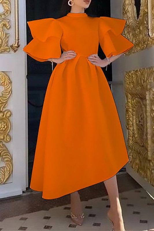 Chic Double Lotus Sleeve Solid Color A-Line Dress