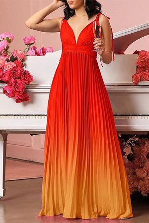 V-Neck Allure Gradient Pleated Maxi Dress