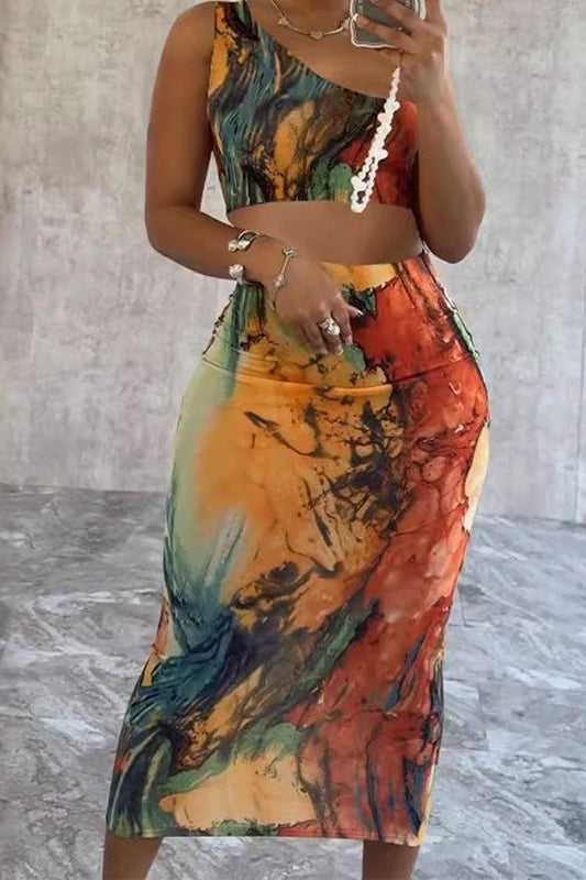 Curve-Hugging Vibrant Print Shoulder Wrap Dress & Skirt Set