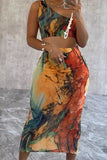 Curve-Hugging Vibrant Print Shoulder Wrap Dress & Skirt Set