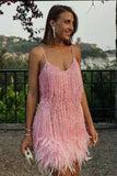 Glamorous Feathered Fringe Sequin V-Neck Halter Dress