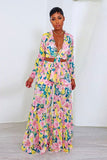 Chic Plus-Size Pleated Lace Wide-Leg Suit with Vibrant Print
