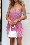 Glamorous Feathered Fringe Sequin V-Neck Halter Dress
