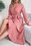 Chic Crossed V-Neck Pleated Dress with Contrasting Polka Dots