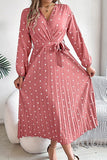 Chic Crossed V-Neck Pleated Dress with Contrasting Polka Dots