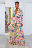 Chic Plus-Size Pleated Lace Wide-Leg Suit with Vibrant Print