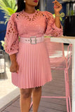 Lace Crochet Pleated Elegant Dress in Solid Colors