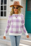 Plaid Print Long Sleeve Sweater with Round Neck
