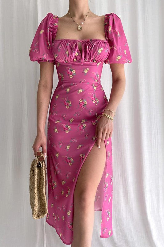 Romantic Puff Sleeve Bodycon Dress with Chic Split Design