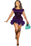 One-Shoulder Feathered Glam Dress with Hip Accent