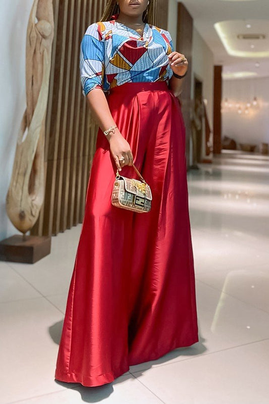 Casual Chic Short Sleeve Printed Shirt and Wide Leg Pants Set