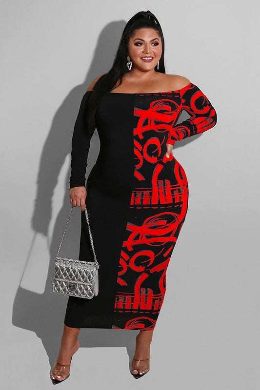 Vibrant Patchwork Plus Size Dress with Note Print
