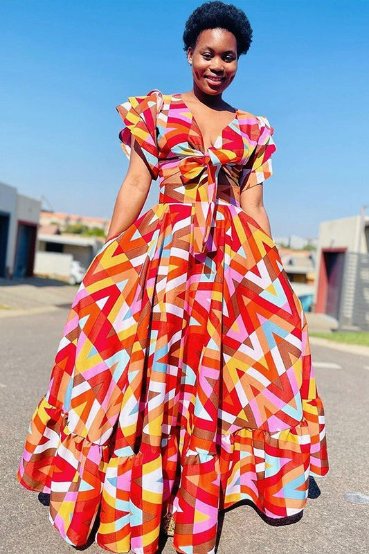 Bold Geometric Print Plus-Size High-Waist Slit Swimsuit
