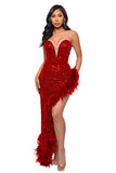 Glamorous Strapless Sequin Feather Evening Gown