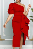 Oblique Shoulder Puffed Sleeve Slit Party Dress with Waistband