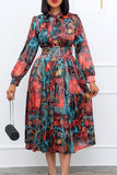 Elegant Long-Sleeved High-Waisted Plus-Size Party Dress with Unique Prints