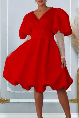 Elegant V-Neck Dress with Statement Puffy Sleeves