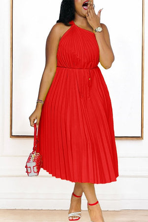 Diagonal Strap A-line Pleated Dress with Waist Tie in Solid Colors
