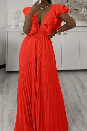 Vibrant Deep V-Neck High-Waisted Peplum Wide-Leg Jumpsuit