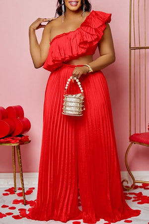 Asymmetrical Backless Peplum Top With Pleated Wide-Leg Pantsuit