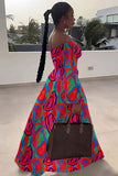 Chic Printed Lantern Sleeve Two-Piece Set with Slit Skirt