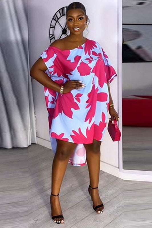 Asymmetrical Printed Line Shoulder Dress: Short Front, Long Back