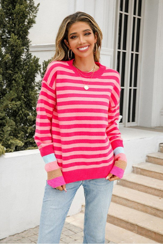 Chic Long Sleeve Striped Sweater with Round Neck Design