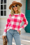 Plaid Print Long Sleeve Sweater with Round Neck