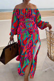Chic Printed Lantern Sleeve Two-Piece Set with Slit Skirt