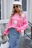 Floral Embroidered Crew-Neck Sweater with Long Sleeves