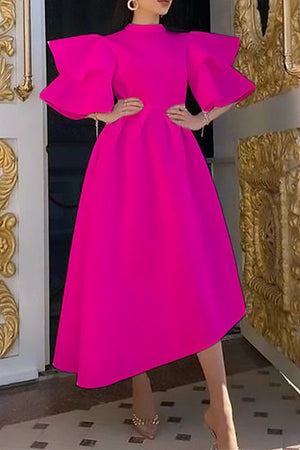 Chic Double Lotus Sleeve Solid Color A-Line Dress