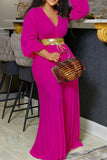 Chic V-Neck Lace-Up Wide-Leg Plus Size Jumpsuit with Pleats