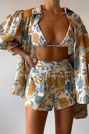 Trendy Summer Three-Piece Outfit: Baggy Shirt, Halter Vest, & Shorts Set