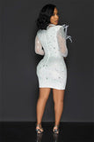 Elegant V-Neck Feather Stretch Dress with Sheer Mesh Details