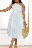 Diagonal Strap A-line Pleated Dress with Waist Tie in Solid Colors