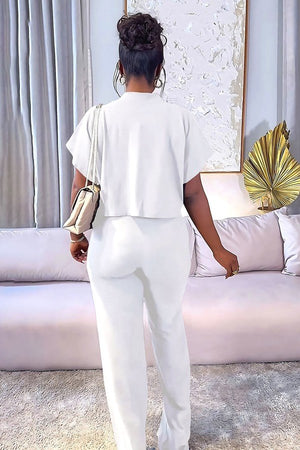 Chic Short Cardigan and Tailored Straight Leg Pants: Stylish Two-Piece Ensemble