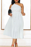 Diagonal Strap A-line Pleated Dress with Waist Tie in Solid Colors