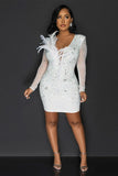 Elegant V-Neck Feather Stretch Dress with Sheer Mesh Details