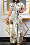 Chic Plus-Size Dress with Short Sleeves, Pleated Print, and Stylish Straps